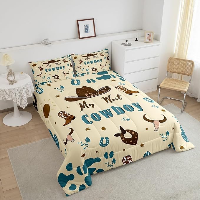 Western Cowboy Bedding Set Queen Size,Cowboy Boots Horseshoe Comforter Set 3Pcs for Kids Girls Boys Teens Room Decor,Southwest Quilt Set Blue Brown Cowhide Print Duvet Insert,2 Pillowcases