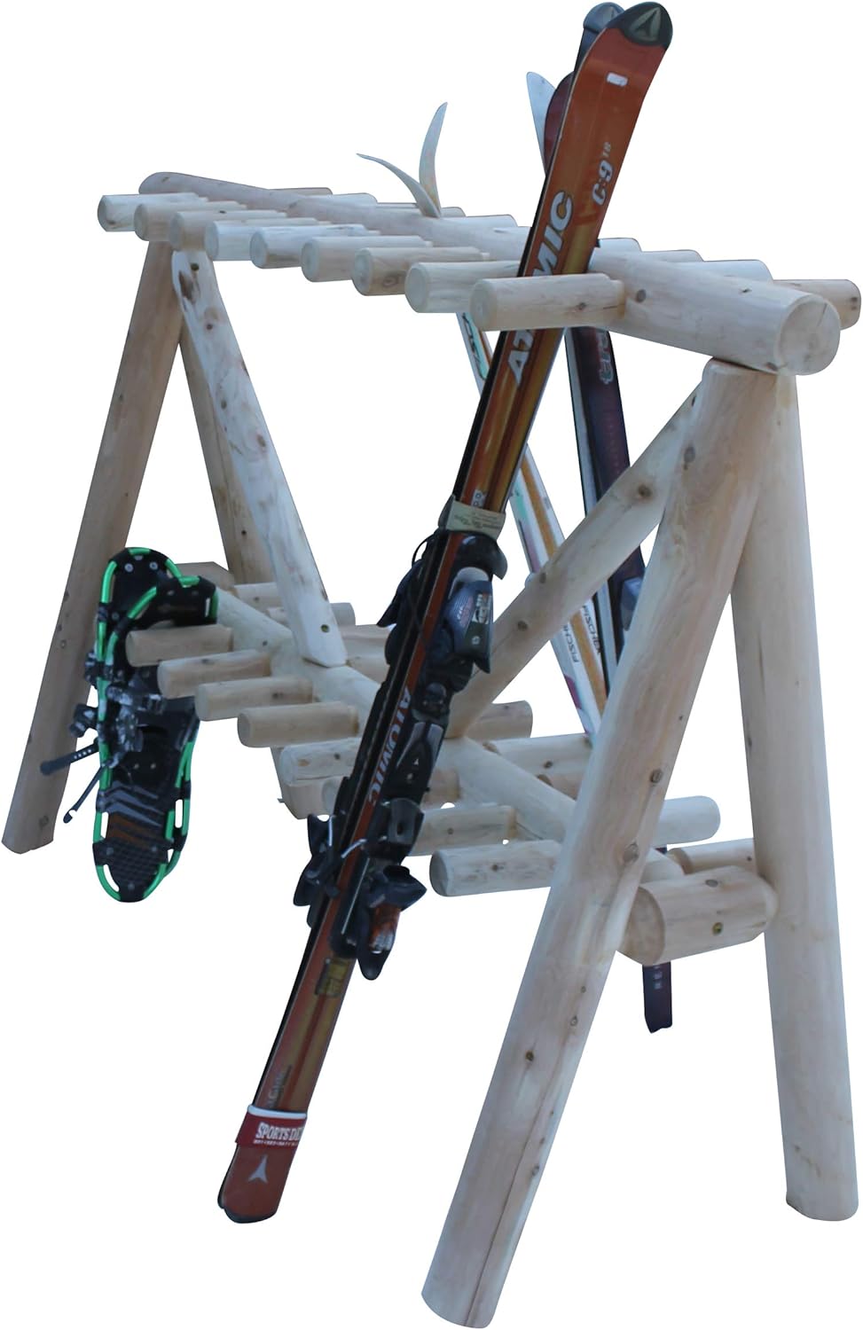 21-Place Freestanding Log Ski Rack Holder, Indoor & Outdoor Snowboard Racks, Standing Storage, Garage Racks for Snow Skis & Poles, Durable Snowboard Rack Garage Storage Organizer - Unfinished