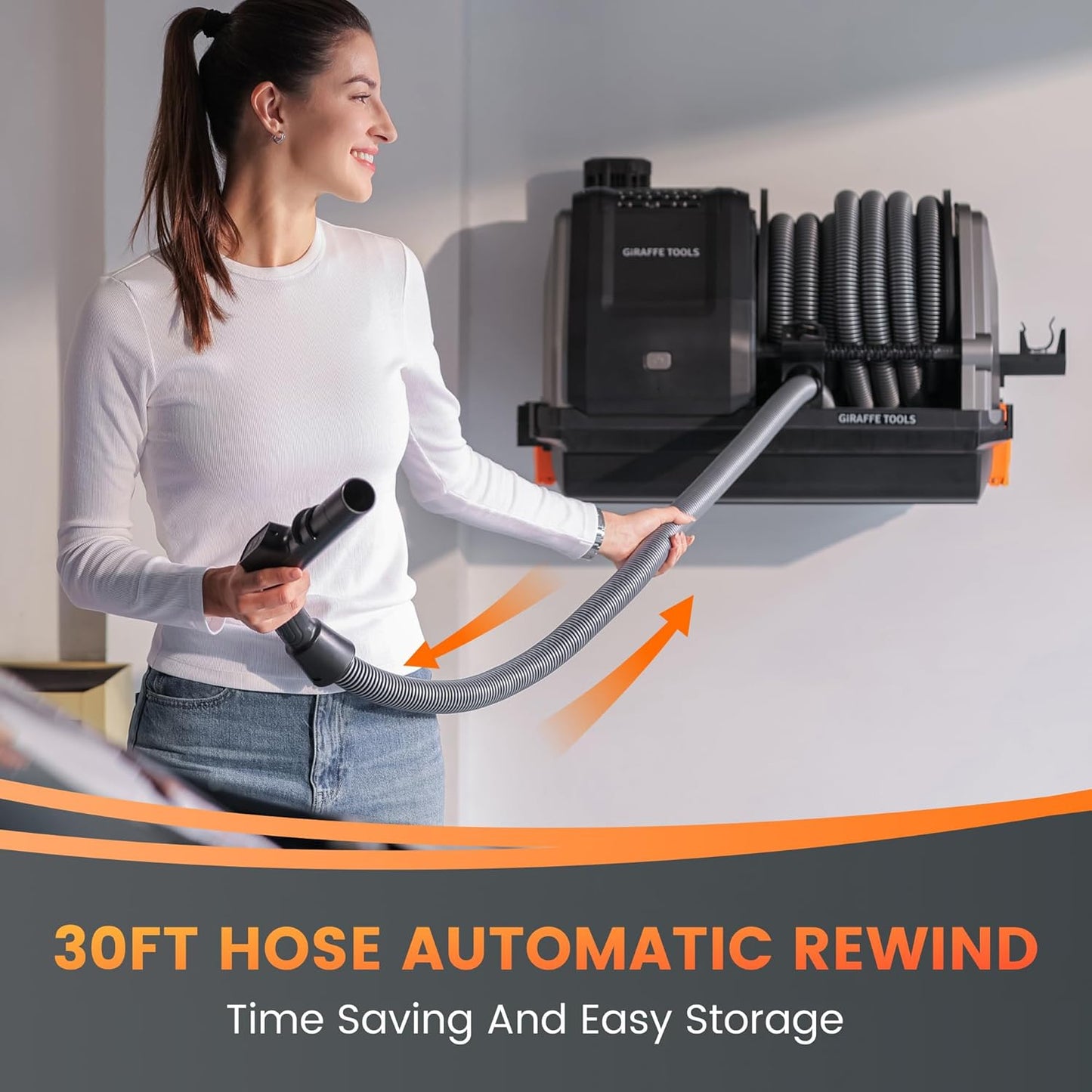 Giraffe Tools Grandstorm Retractable Vacuum Cleaner with 30 FT Hose Wall Mounted, Wet Dry Vacuum Cleaner with 6 Nozzles for Car Detailing Normal Version, Grey （No Remote Control Function）