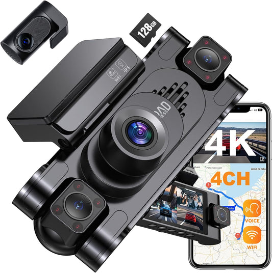 4K 360° DashCam for Cars,4 Channel Car Dash Cam Front and Rear Inside with 128GB Card Included,Voice Control,5.8G WiFi GPS,IR Night Vision, G Sensor, 24/7 Parking Mode &Loop Recording Dash Camera