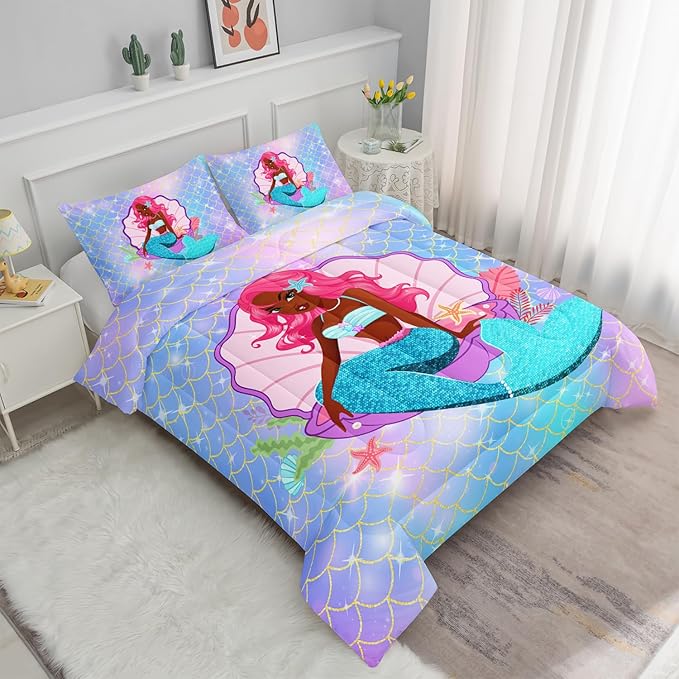 Bedding Comforter Set Black Girl Magic Mermaid Printed Pattern Quilt with 1 and 2 Pillowcases for Girls Bedroom All Season(Black Blue Queen) Queen 90x90inches