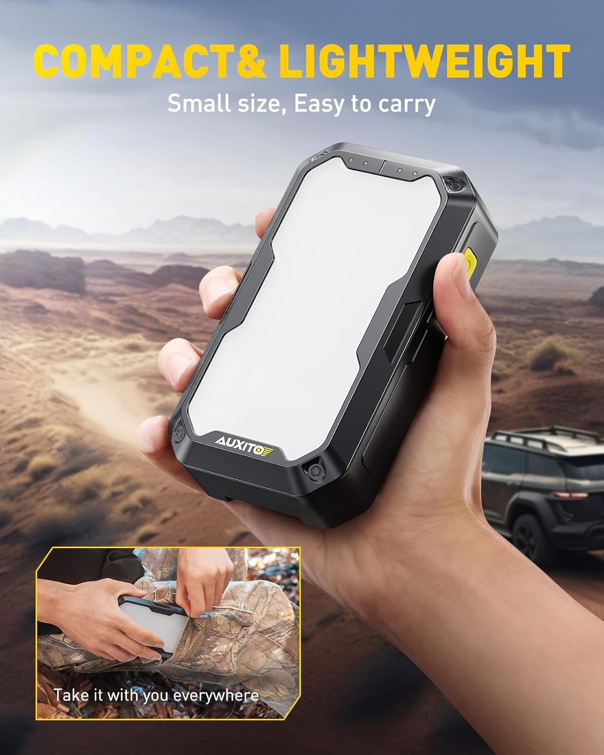 AUXITO Car Battery Jump Starter: 5000A Portable Jump Starter Up to 8.5L Gas and 8.0L Diesel Engines with 2000LM LED Work Panel Light, 12V Safe Jump Box with Camping Light, Power Bank and Jumper