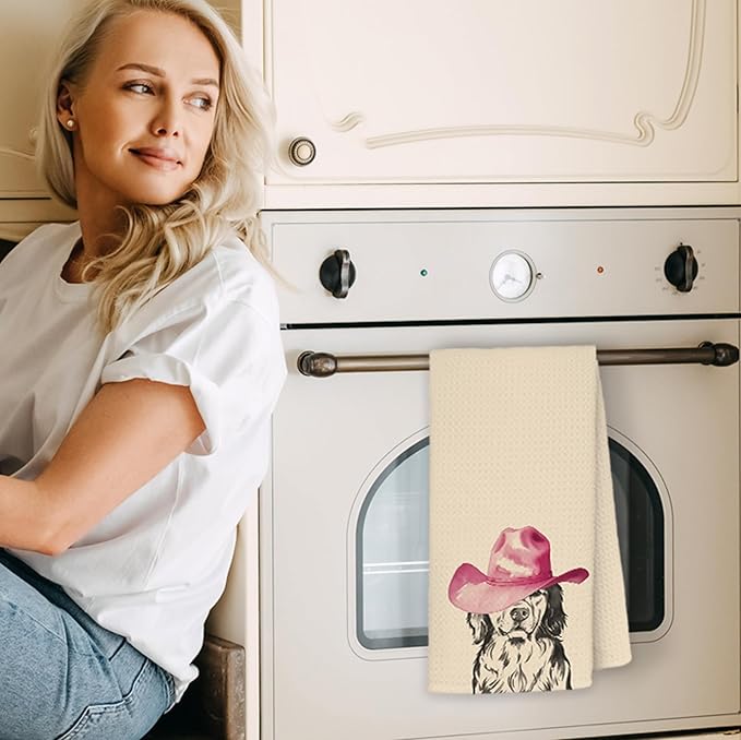 Western Golden Retriever Kitchen Towels, Gifts for Golden Retriever Lovers Hand Towels for Bathroom Kitchen, Pink Cowgirl Hat Dog Decorative Dish Towels Drying Cloth, 16x24 Inch