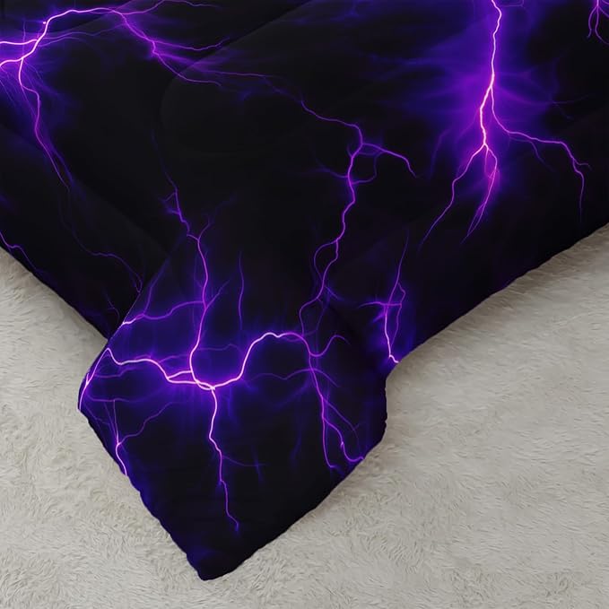 Violet Lightning Comforter Set King Thunder Bedding Sets 3PCS for Kids Teen Adult Violet Room Decor Ultra-Soft Lightweight Microfiber 1 Comforter with 2 Pillowcases