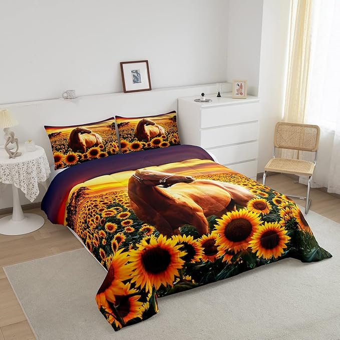 3D Horse Comforter Set for Kids Boys Wild Animal Down Comforter Girls Teen Adult Women Sunflower Quilted Duvet Brown Horse Bedding Comforters Cowboys Farmhouse Comforter with 1 Pillowcase, Twin Size