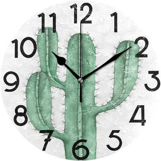 Summer Cactus Cacti Round Wall Clock 10 Inch Tropical Style Quartz Battery Operated Summer Decoration for Living Room Kitchen Bedroom Bathroom Large Numbers