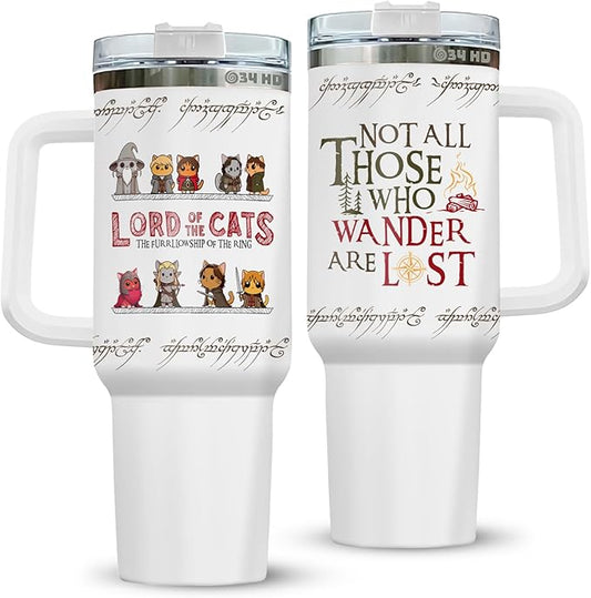 34HD Cute Cat Tumbler with Handle & Straw, 40z Stainless Steel Vacuum Insulated Lord Of The Cats Coffee Mug, Cat Gifts for Men Women Birthday Mothers Day Christmas