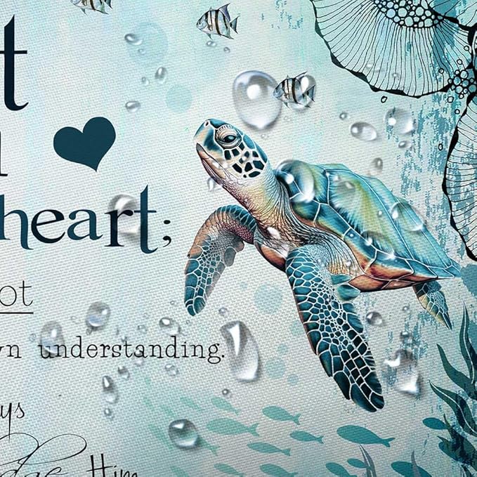 Beach Sea Turtle Bible Verse Shower Curtain, Cool Turtle on Blue Teal Coastal Nautical Theme for Bathroom, Underwater Animal Fish Seashell Jellyfish With Hooks, 60X70IN