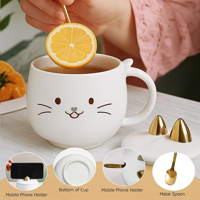 Yuwu Cat Ceramic Coffee Mug with Spoon & Lid, 13.5 oz Novelty Mug with Phone Stand Lid, Cute Tea Cup for Women & Cat Enthusiasts (White)