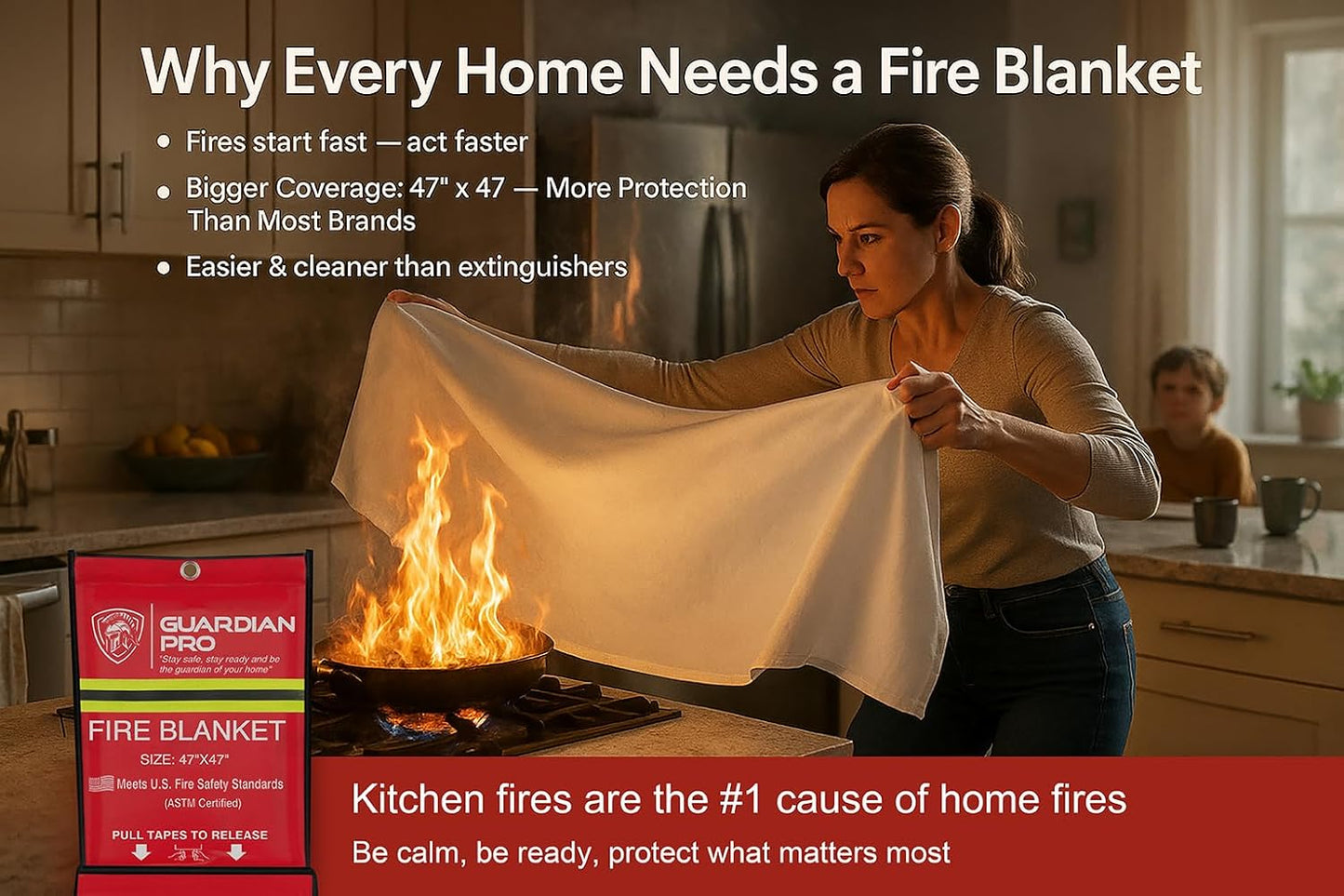 Emergency Fire Blanket for Home and Kitchen - 47"x47" - Must Have Fire Protection - Fire Suppression Fiberglass Fire Blankets for House Camping Car Office Emergency Survival Safety (2 Pack)