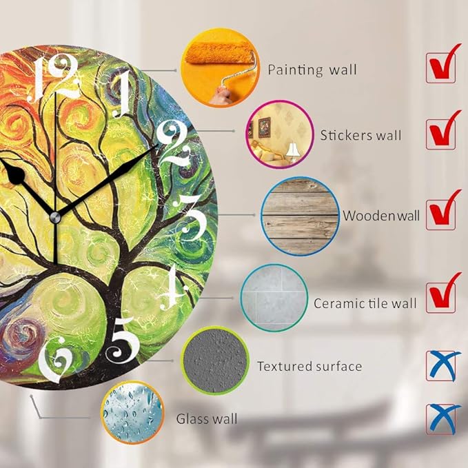 Wamika Wall Clock Tree of Life Rainbow Branch Leaves Seasonal Flowers Round Clock Silent Non Ticking Decorative, Spring Summer Autumn Floral Clocks 10 Inch Battery Operated Quartz Quiet Desk Clock