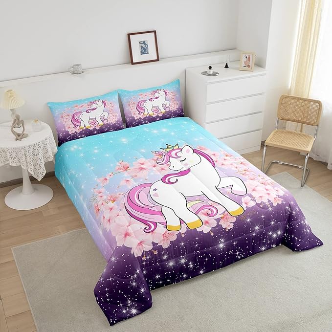 Unicorn Comforter Set Twin, Kids Unicorn Floral Bedding for Girls Boys Children Bedroom Decor, Cherry Blossoms Glitter Down Comforter Galaxy Kawaii Quilt Set with 1 Pillowcase, Blue Purple Ombre