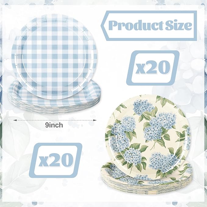 Whaline 40Pcs Hydrangea Plaid Paper Plate Blue And White Floral Disposable Dinner Plate Flower Checkered Tableware For Spring Party Supplies Table Decor, 9 In