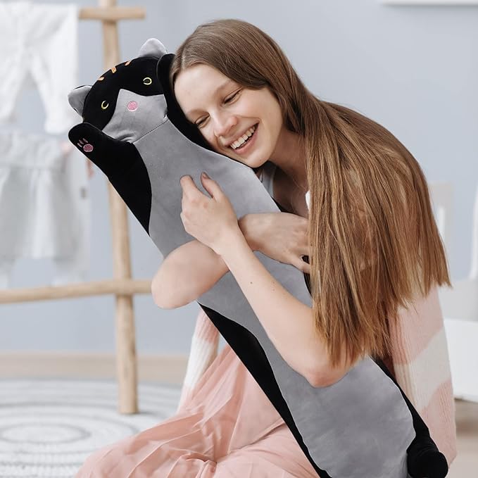 WUYU Lovely Plush Cat Doll Cute Cartoon Soft Stuffed Kitten Pillow Long Throw Sleeping Pillow Doll Toy Gift for Kids Girlfriend Multiple Size (Black, 70cm/27.5in)