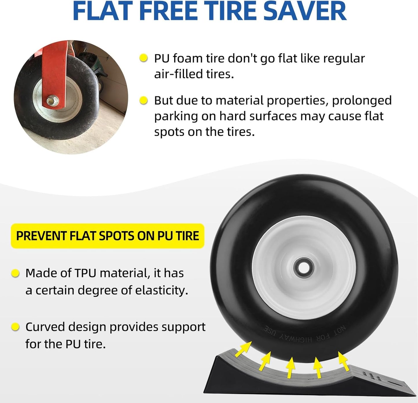 2-Pack Flat Free Tire Saver Ramp for 13-17" PU Foam Tire and Wheel, Non-Flat Spots Tire Saver Ramp, Suitable for Lawnmower, Wheelbarrow, and Trailer