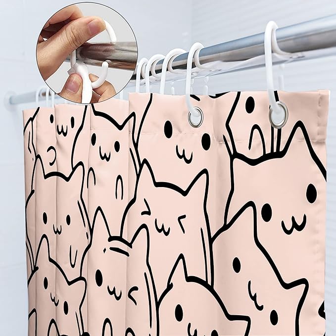 SVBright Funny Cats Shower Curtain 60Wx72L Inch Cute Pink Cartoon Kitty Kitten Animal Simple Line Humor for Kids Girls Lovely 12 Pack Hooks Polyester Waterproof Fabric Bathroom Bathtub Panels