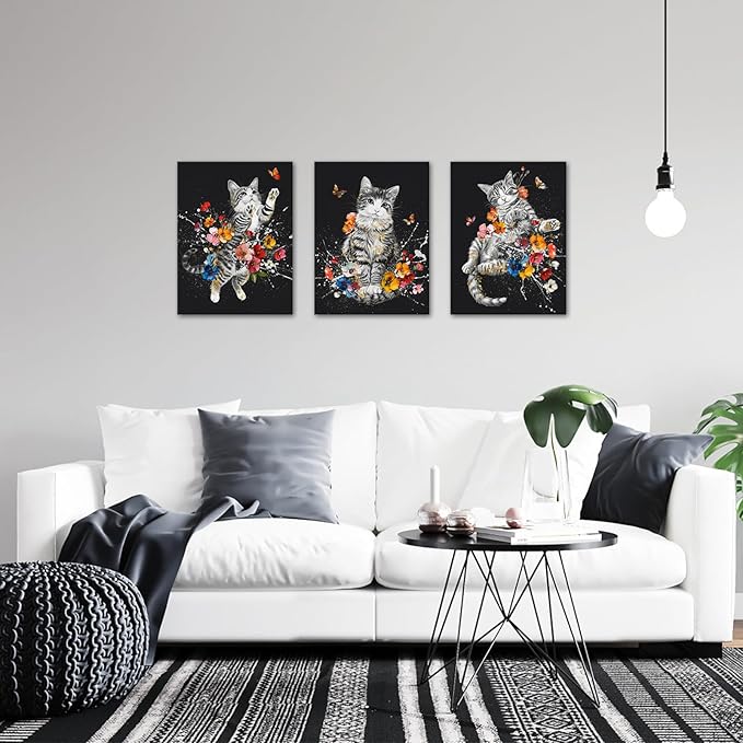 Canvbay 3 Pieces Cat Canvas Wall Art Black and White Animal Pet with Colorful Flower Butterfly Painting Pictures Cute Kitten Floral Print Poster for Girls Kids Room Decor Bedroom 12x16inchx3pcs