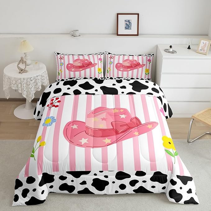 Western Cowgirl Comforter Set Full Size,Pink Cowboy Hat Bedding Sets for Kids Girls Boys Teens Room Decor,Black White Cow Fur Print Quilt Set Cartoon Sweet Striped Duvet Insert,2 Pillowcases
