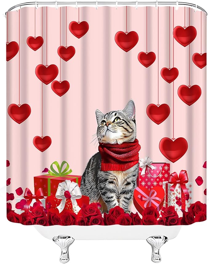 Valentine's Day Shower Curtain Cute Cat Romantic Red Heart Rose Love Couple Woman Girl Creative Bathroom Curtains Decor Fabric Set Include Hooks,(70" Wx84 H)
