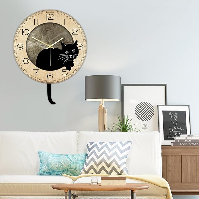 Black Cat Clock with Moving Tail Vintage, Funny Cat Wall Clock with Swinging Tail Silent Non Ticking Battery Operated Creative DIY Pendulum Wall Clock Black Kitty Decor Gift for Cat Lovers