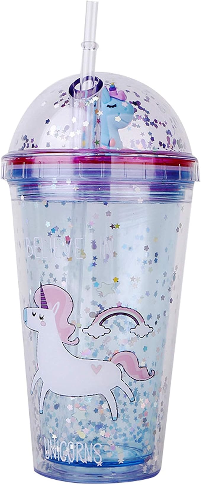 Unicorn Drinking Cup with Straw Kids Travel Tumbler Glitter Watter Bottle Ice Coffee Mugs Plastic Cup for Party Gift (blue unicorn, 6.5 * 20 cm)