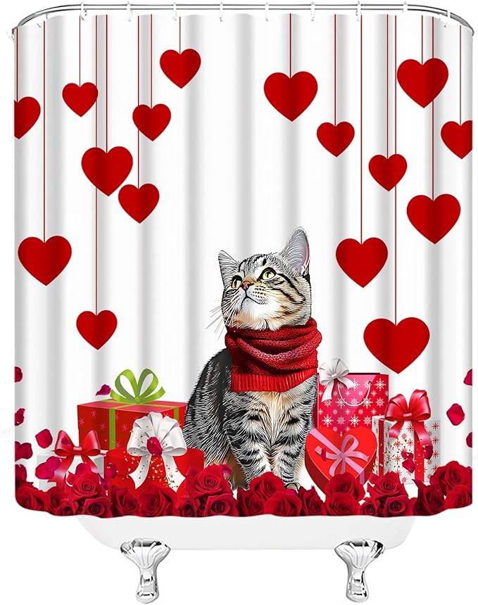 Valentine's Day Shower Curtain Cute Cat Romantic Red Heart Rose Love Couple Woman Girl Creative Bathroom Curtains Decor Fabric Set Include Hooks,(70" Wx84 H)