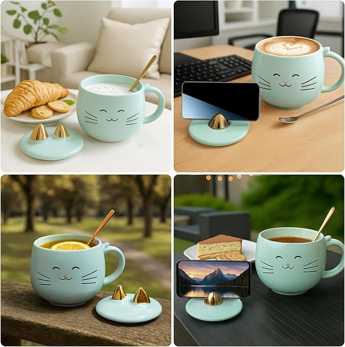 Yuwu Cat Ceramic Coffee Mug with Spoon & Lid, 13.5 oz Novelty Mug with Phone Stand Lid, Cute Tea Cup for Women & Cat Enthusiasts (Blue)