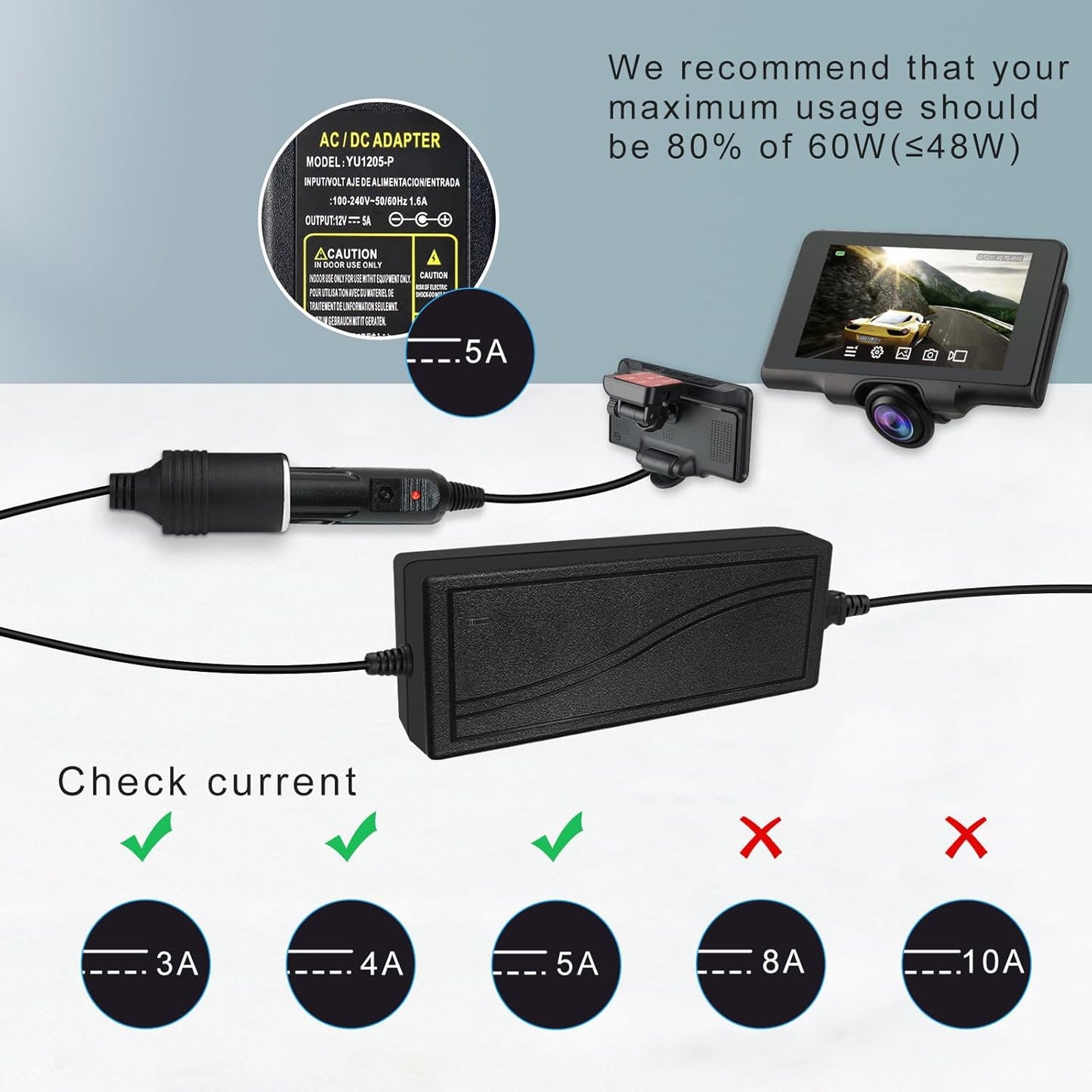 inShareplus 12V 5A 60W AC to DC Converter, 12 Volt Cigarette Lighter Adapter, AC 100-240V to DC 12V Car Lighter Adapter to Wall Outlet Adapter, 12V Power Supply for Car Devices (MP3, Fan, Dash Cam)