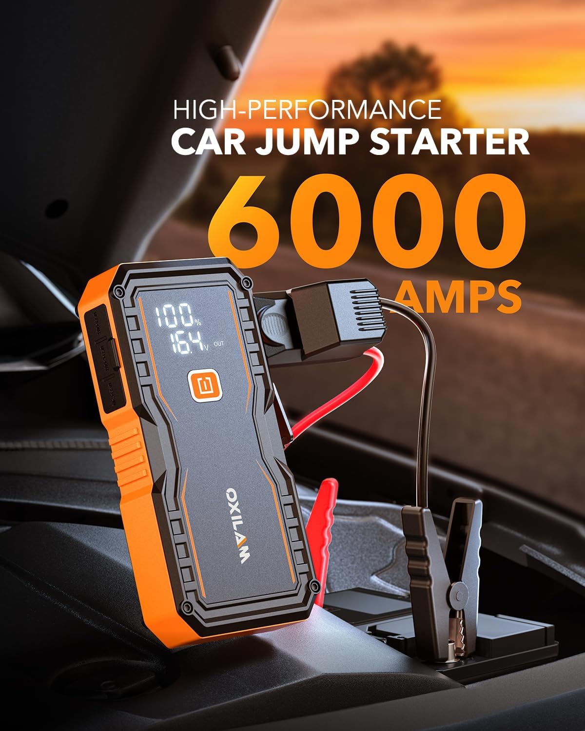 OXILAM Jump Starter 6000A for All Gas/12L Diesel, Car Battery Jumper Starter Portable, 12V Lithium Jump Box with Jumper Cables, LED Display, LED Light, Power Bank with USB, Type C Port