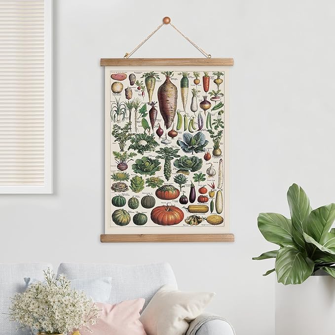 XIAOAIKA Vintage Vegetable Varieties Poster - Illustrated Garden Produce Chart with Wooden Frame - Educational Kitchen Wall Decor Art for Home Chefs and Gardeners 16 x 23 inches
