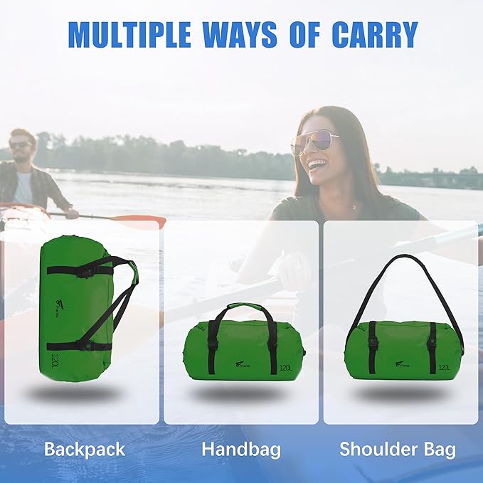 8 Fans Extra Large Waterproof Duffle Bag,Heavy Duty Travel Dry Bag with Durable Straps & Handles, Ideal for Kayaking,Paddleboarding,Boating,Rafting,and Fishing (Green, 120L)