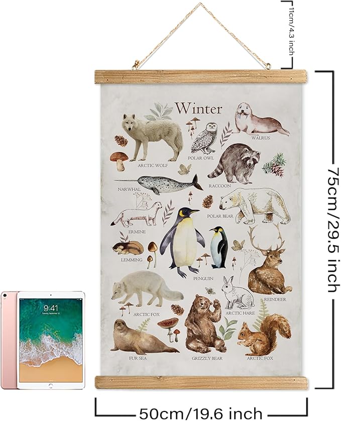 XIAOAIKA Winter Wildlife Educational Poster - Illustrated Arctic Animals Chart with Wooden Frame - Seasonal Nature Wall Art for Classroom, Home, or Nature Center 20 x 30 Inches