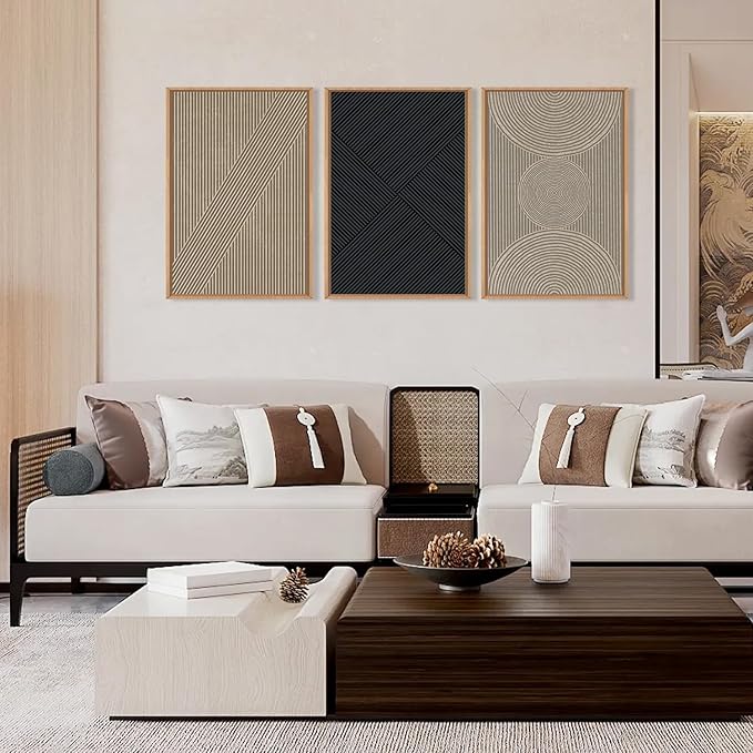 Ausril Neutral Minimalist Line Framed Canvas Wall Art Set, Beige Abstract Wall Decor, Modern Illustration Wall Painting, Mid Century Boho Art Print for Living Room, Bedroom, Office 36"x24"x3