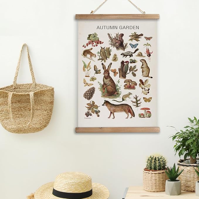 XIAOAIKA Autumn Garden Wildlife Poster - Vintage Illustrated Seasonal Fauna and Flora Chart with Wooden Frame - Educational Wall Art for Home, Classroom, or Nature Enthusiast 12 x 16 Inches