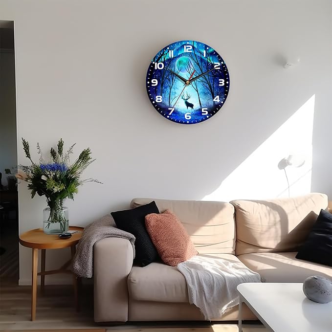 Wall Clock, 10 Inch Silent Non-Ticking Home Kitchen Decor, Battery Operated for Bathroom Bedroom Living Room Office(Forest Deer Moon)
