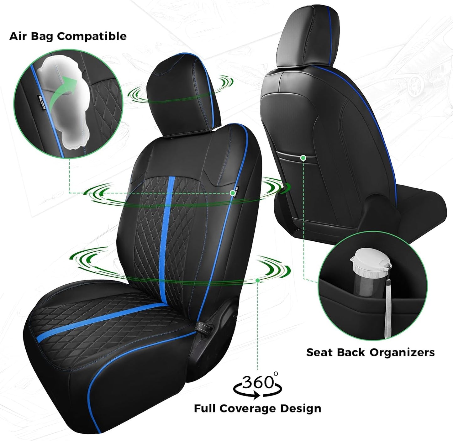 for Jeep Wrangler Seat Covers 4Door JL 2018 2019 2020 2021 2022 2023 2024 2025, Custom Car Seat Cover Full Set, Luxury Waterproof Leather Seat Protectors, Black Blue Trim, W/O Rear Cup Holder