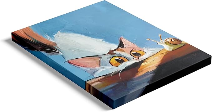 TimAsh Framed Funny Cat Wall Art Cat Staring at Snail Canvas Wall Decor Cartoon Cute Kitten Poster Painting Prints for Bedroom Bathroom Living Room 16'' x 12''