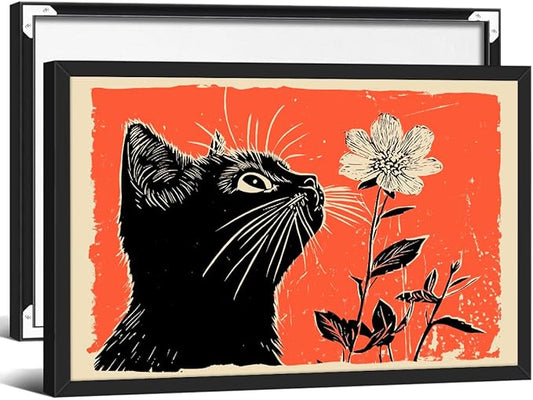 Black Cat Posters Vintage Animal Botanical Wall Art Cute Cat Sniffing Flower Canvas Painting Gift For Cat Lover 16x24 inch Black Framed Living Room Gallery Wall Decor