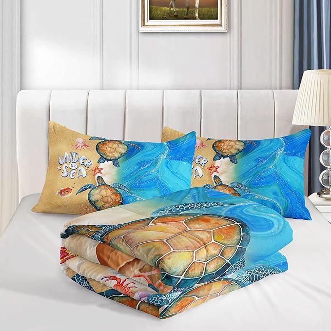 Beach Turtle Comforter Bedding Set for Kids Teens,Watercolor Ocea Starfish Coral Watercolor Beach Themed Comforter with 2 Pillowcases(Beach Turtle Queen)