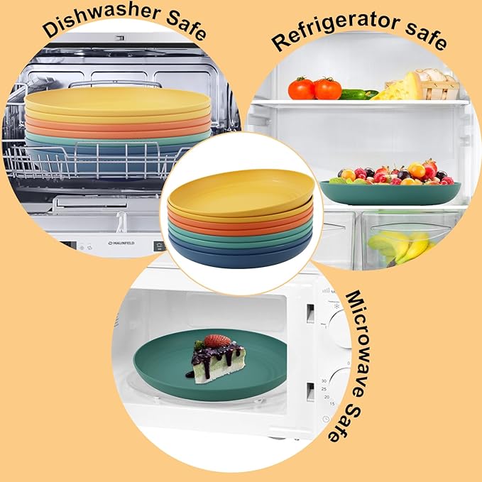 Wheat Straw Plates 10 Inch Deep Dinner Plate Set of 8, Lightweight and Unbreakable Plastic Plates Reusable, Microwave & Dishwasher Safe Kitchen Plate (Multi Colors)