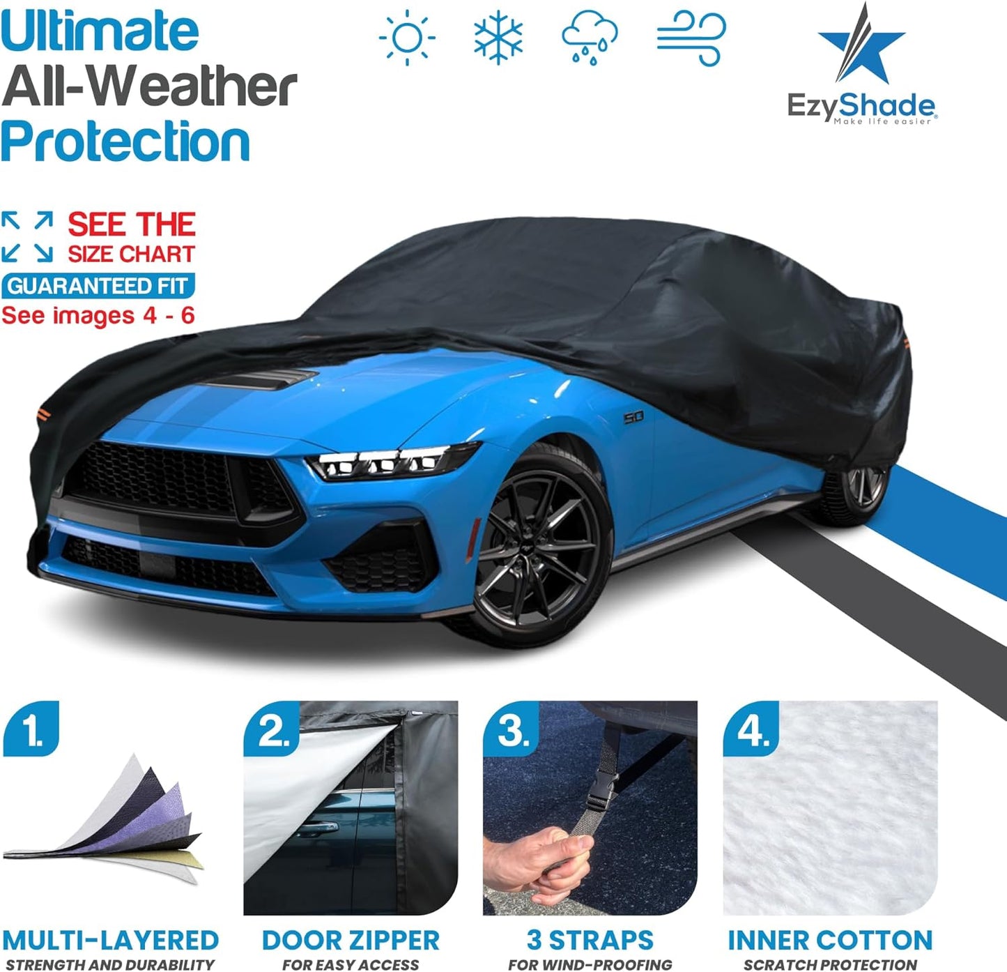 EzyShade 10-Layer Waterproof Sports Car Cover. See Vehicle Size-Chart for Accurate Fit. All Weather Full Outdoor Covers. Corvette Mustang Trans Am. Sun Snow Rain. Black, Size C4 (See SizeChart)