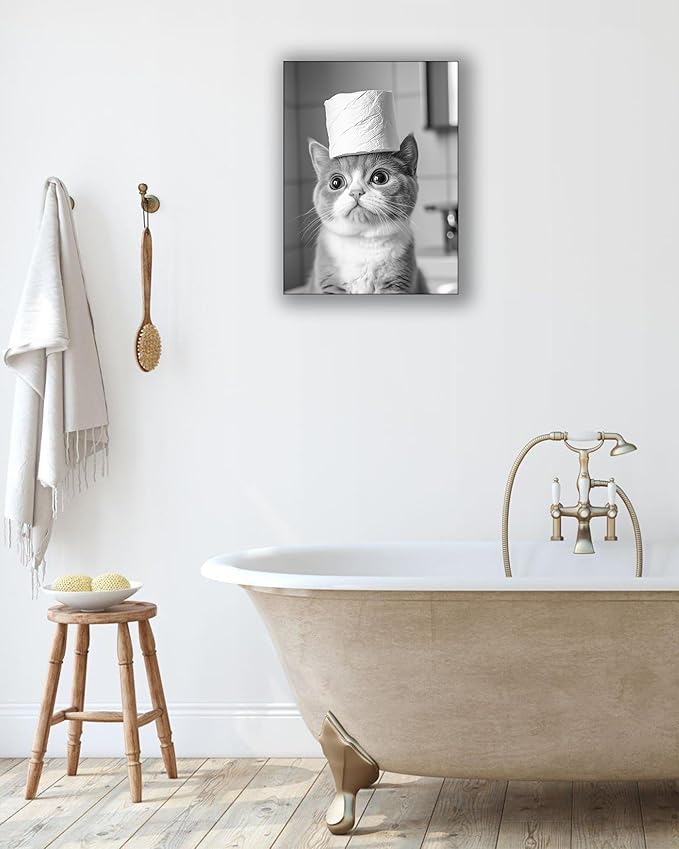 UPWOIGH Bathroom Wall Art Decor, Black and White Cat Toilet Paper Wall Art, Wood Framed Canvas Wall Art Animals Abstract Prints, 12"x16" High-end Pictures for Dormitory Kids Room,1 Pack