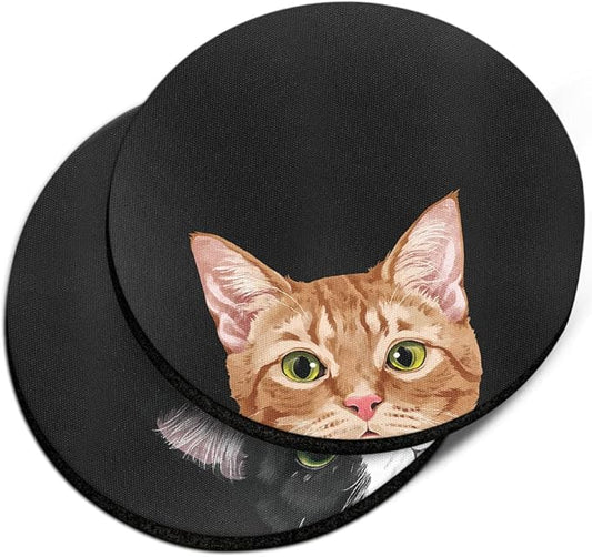 WIRESTER, Orange Tabby Kitten Cat, Black White Tuxedo Cat Design Absorbent Round Fabric Felt Neoprene Car Coasters for Drinks (2.87 inches), 2pcs Set