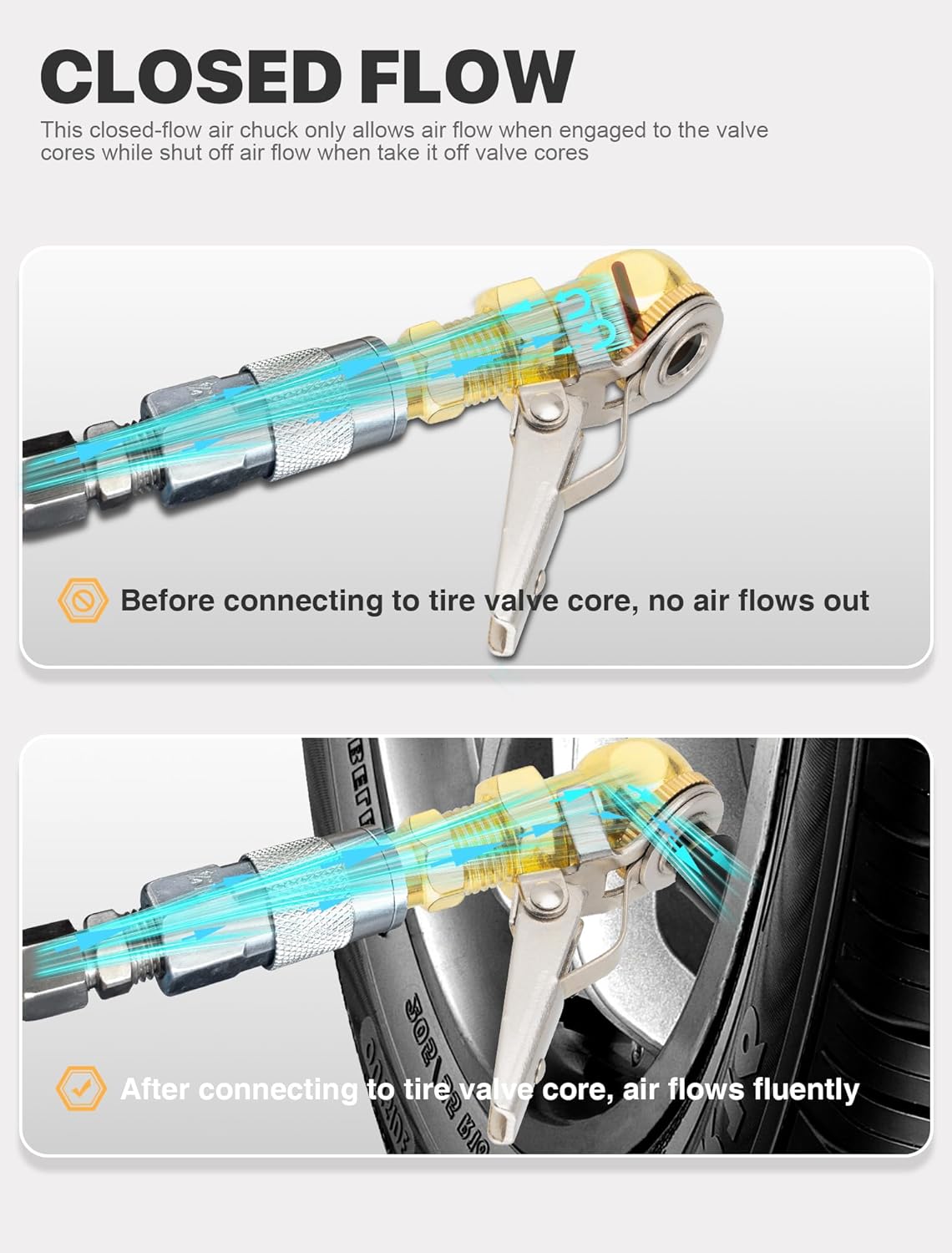 2-Pack 1/4 Inch Female NPT Closed Ball Tire Inflator with Clip, Locking Quick Connect, Clip-On Air Chucks for Truck RV Auto Car Air Compressor