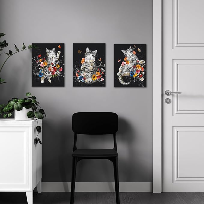 Canvbay 3 Pieces Cat Canvas Wall Art Black and White Animal Pet with Colorful Flower Butterfly Painting Pictures Cute Kitten Floral Print Poster for Girls Kids Room Decor Bedroom 12x16inchx3pcs