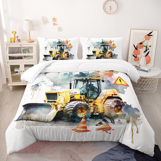 Bulldozer Comforter Set Full Engineering Vehicle Bedding Sets 3PCS for Kids Teen Adult Toy Room Decor Ultra-Soft Lightweight Microfiber 1 Comforter with 2 Pillowcases