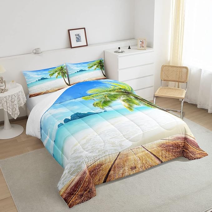 Beach Comforter Set King Size Ocean Bedding Set Tropical Palm Tree Hawaii Ocean Duvet Set Sunny Beach Coastal Nature Theme Duvet Set Sea Wave Mountain Brown Wooden Comforter Set 2 Pillowcases, Blue