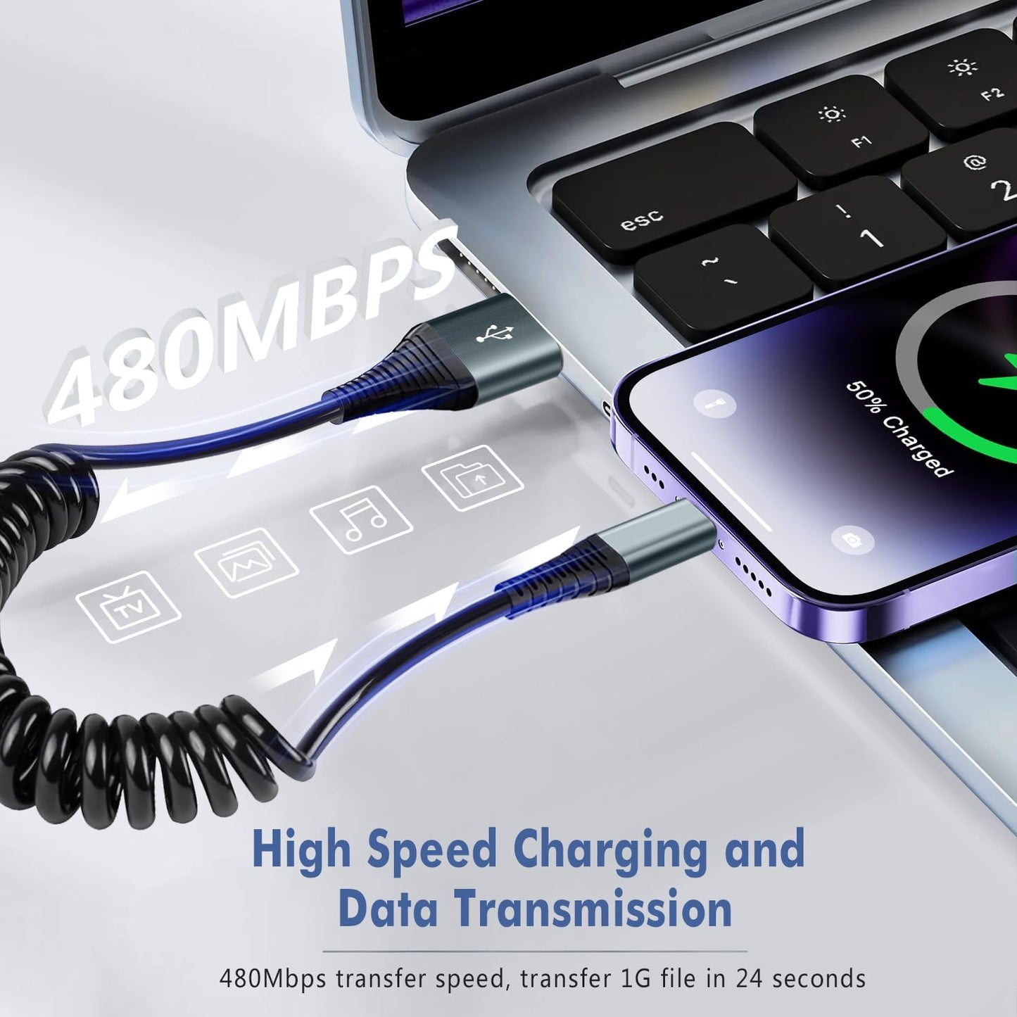 Heartbeats Coiled Lightning Cable 3FT 2 Pack MFi Certified Car iPhone Charger Cable，USB to Lightning Cable Compatible with iPhone 14/13/12/11 Pro Max/XS Max/XR/X/8/7/iPad