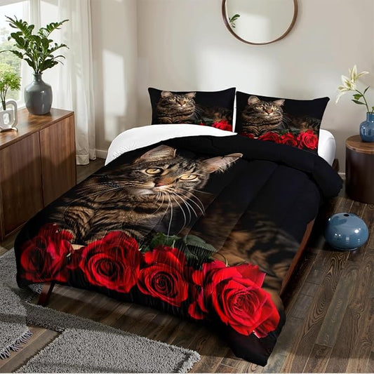 Black Cat Comforter Set King Cute Cats Bedding Set for Kids Girls Boys Teen Red Rose Bedding 3Pcs Kawaii Animal Bed Set Soft Down Alternative Comforter Sets with 2 Pillowcases