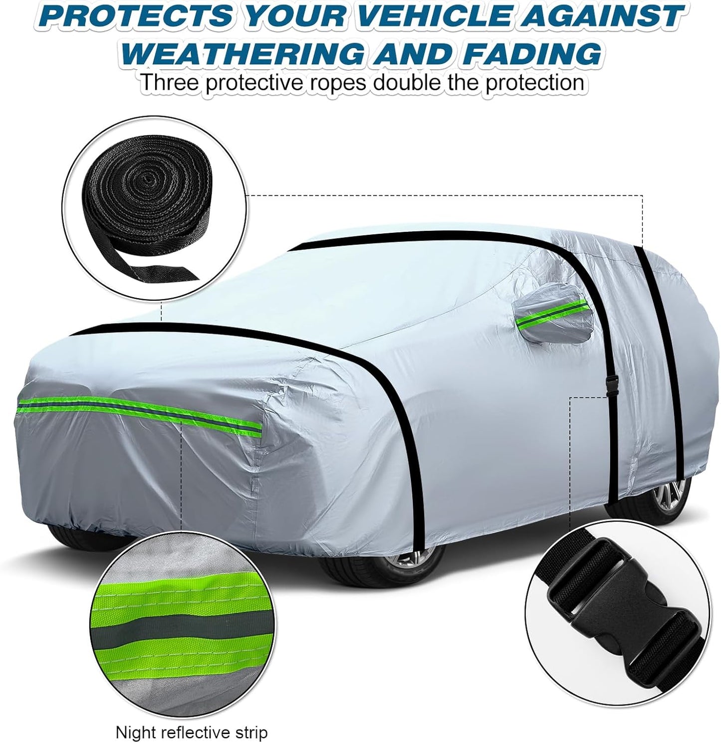 TUCAREST 6-Layers Premium Full Car Cover Hard Shell Zipper Design Waterproof All Weather Weatherproof UV Sun Protection Snow Dust Storm Resistant Outdoor with Straps (Fit for SUV/MPV 181"- 190")